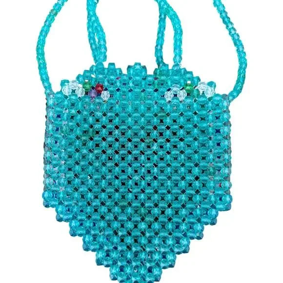 Handmade Beaded Heart Bag Purse Blue Shoulder Strap Unique Dopamine Maximalist - Picture 6 of 7